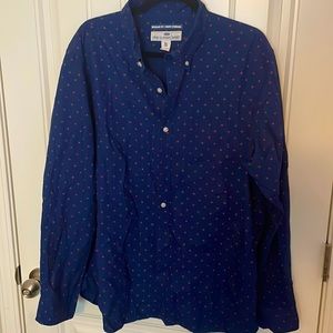 Old Navy blue with red dot button down shirt.
